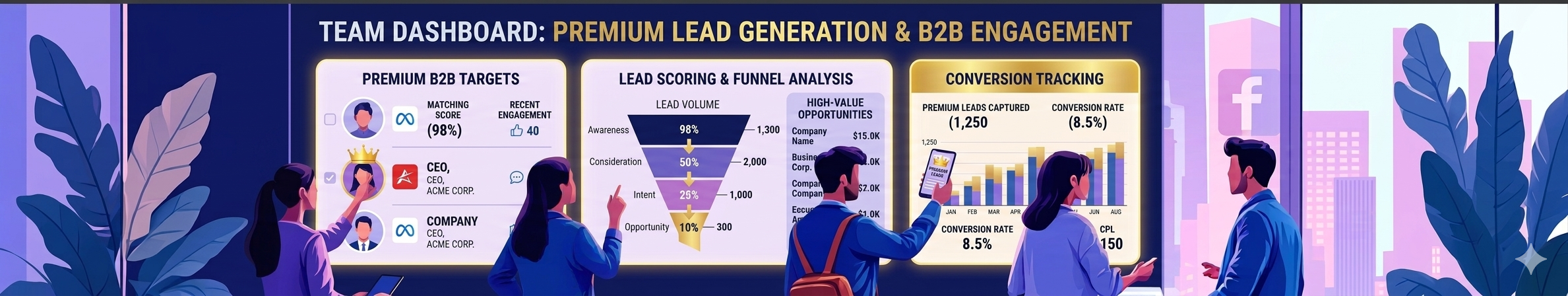 Team dashboard showing premium lead generation and B2B engagement analytics